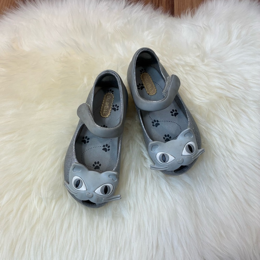 Mini Melissa Gray Sparkly Cat Mary Jane Jelly Shoe Sandals • Size 7